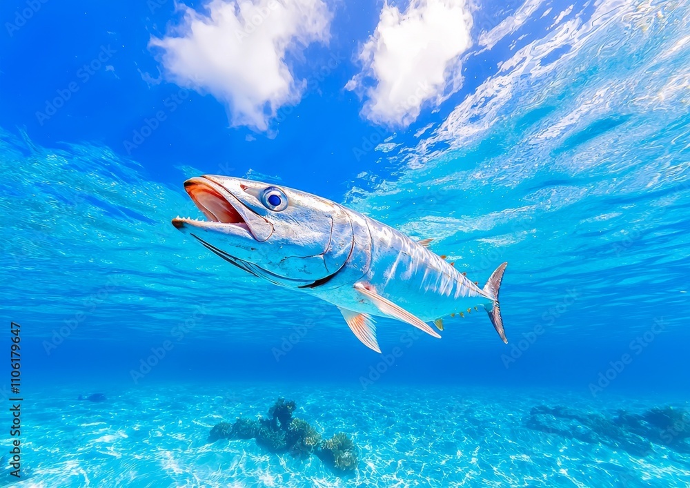 Naklejka premium Graceful Majestic Long Tail Tuna gliding effortlessly through the clear ocean under the bright sun.