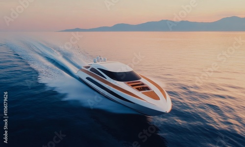 Luxury speedboat gliding across calm waters during sunset by a scenic coastline
