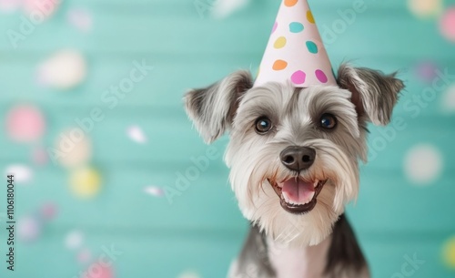 Happy dogs celebrating a festive birthday party with party hats and colorful ...