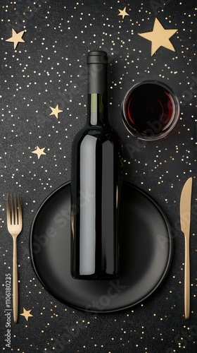 Elegant holiday dinner setting with wine and festive decorations on a dark table