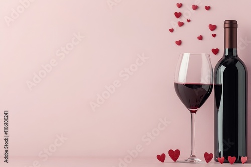 Red wine in a glass with hearts on a pink background for romantic occasions