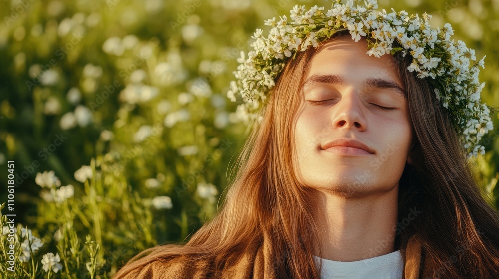 Young person with long hair and floral crown enjoying a sunny day in a meadow, AI Young person with long hair and floral crown enjoying a sunny day in a meadow, AI