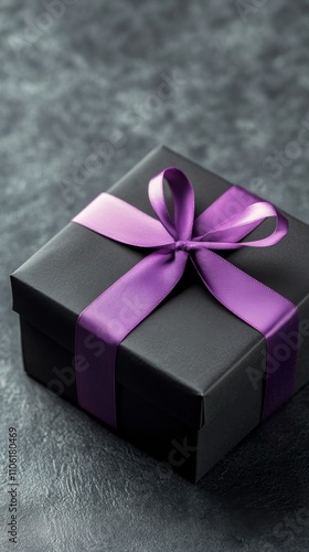 Elegant black gift box with purple ribbon wrapped on textured background