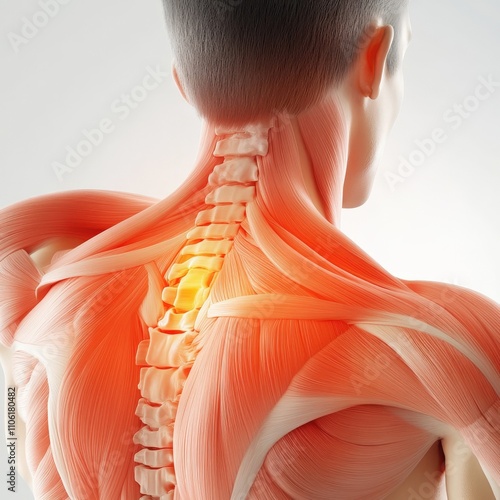 Trigger Points. Highlighted Back Muscles with Shoulder Position Seen from Behind. Medical Anatomy and Human Body photo