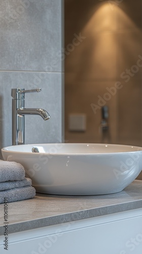 Modern bathroom design features a round sink and neatly stacked towels on a c...