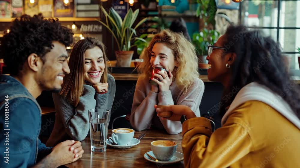 Four friends laugh and talk while enjoying coffee and drinks at a cafe table Four friends laugh and talk while enjoying coffee and drinks at a cafe table