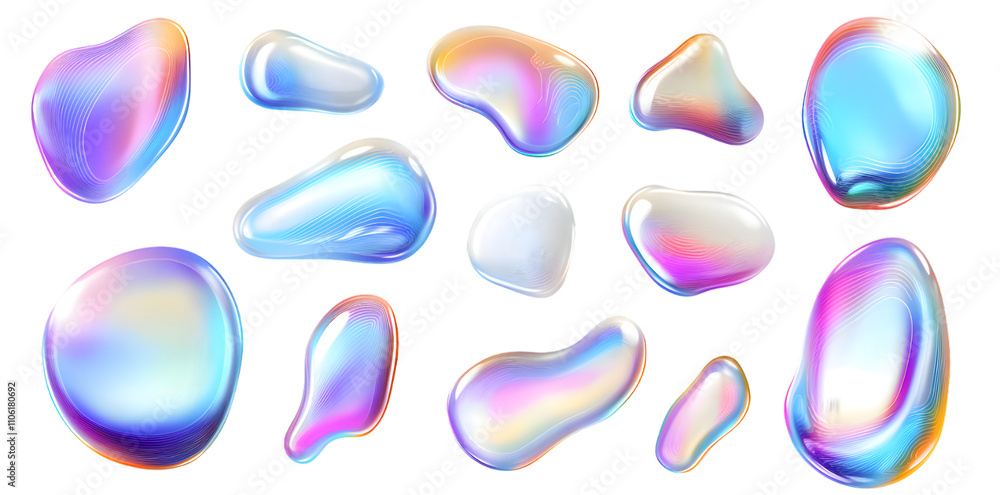 Holographic liquid bubbles isolated on white transparent background Holographic liquid bubbles isolated on white transparent background