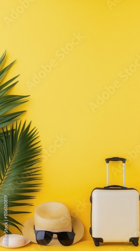Vibrant travel essentials with suitcase, hat, and sunglasses on bright yellow...