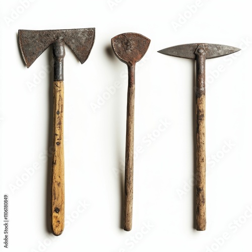 Three rusty, aged hand tools on white. photo