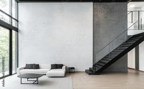 Modern interior design showcasing a minimalist living room and a sleek stairc...