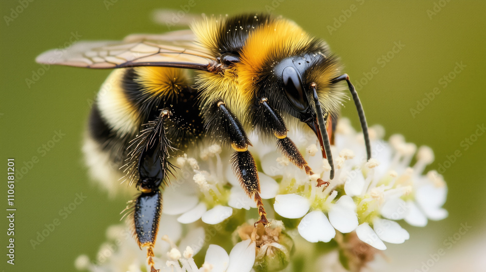 Macro shot of a bee on a flower. Generative AI. Macro shot of a bee on a flower. Generative AI.