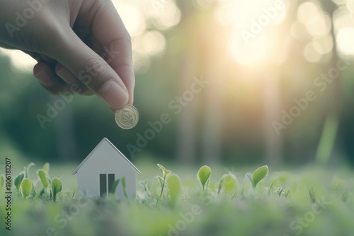 Saving money in a small house model surrounded by grass and sunlight during t...
