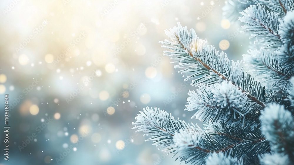 A serene close-up photograph of snow-touched pine needles, each needle catching frost and light. A serene close-up photograph of snow-touched pine needles, each needle catching frost and light.
