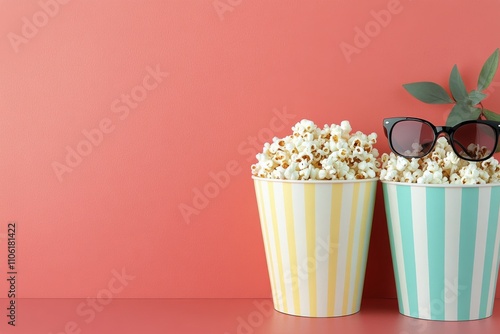 Popcorn in striped containers with stylish sunglasses on a pink background