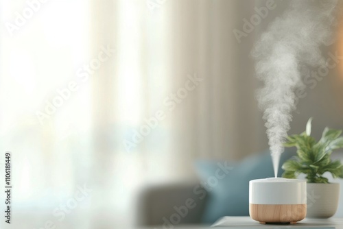 Essential oil diffuser creating aromatic mist in a cozy living room during da...