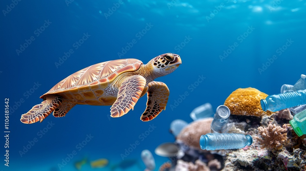 Obraz premium A striking scene of plastic bottles, bags, and debris littering the ocean's surface, highlighting the critical condition of our seas and the pressing necessity to tackle marine pollution.