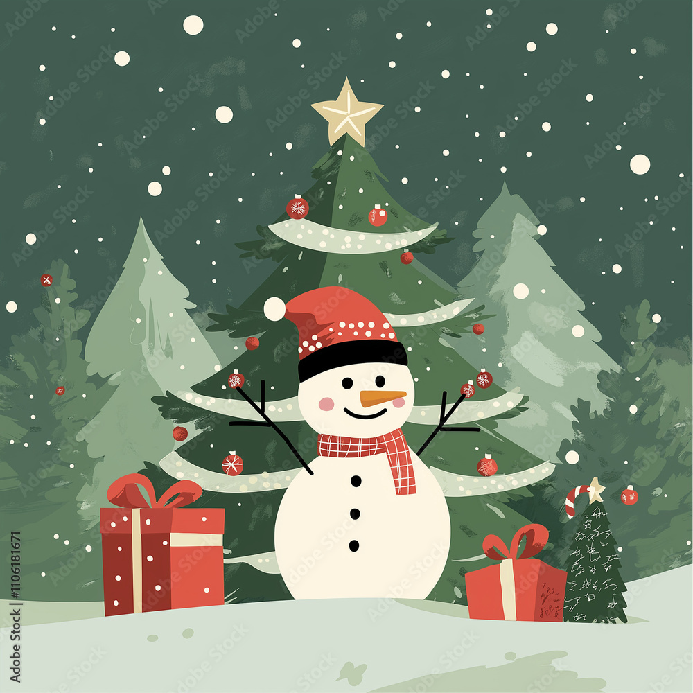 snowman with christmas tree and presents snowman with christmas tree and presents