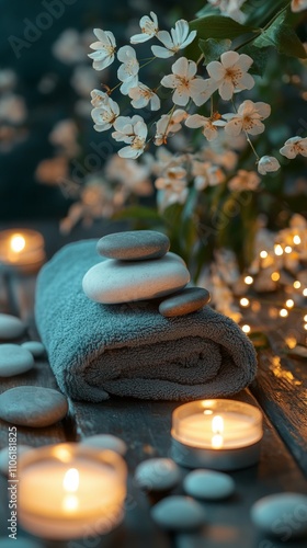 Relaxation and tranquility with heated stones and candles in a natural setting