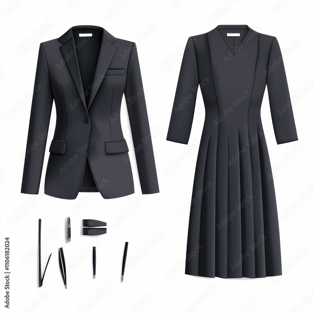 Dark suit, pleated dress, and writing tools. Dark suit, pleated dress, and writing tools.