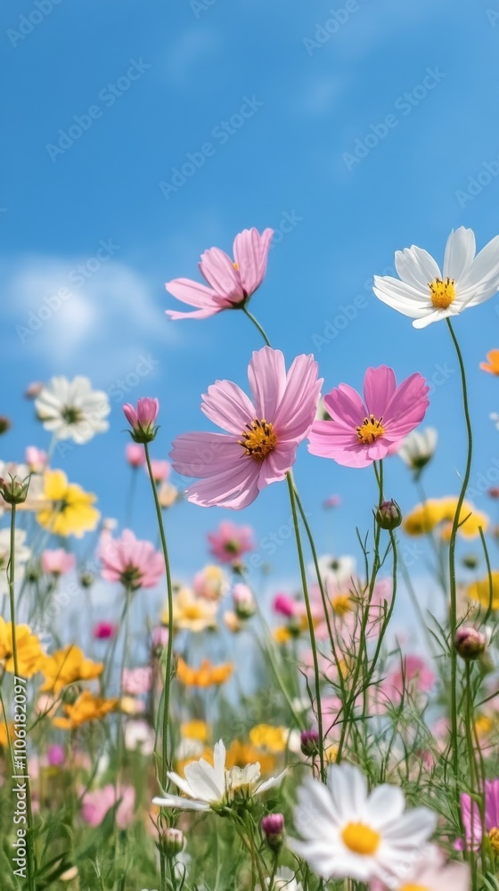 Colorful wildflowers bloom under a clear blue sky in a vibrant meadow during springtime Colorful wildflowers bloom under a clear blue sky in a vibrant meadow during springtime