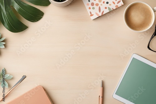 Desk setup featuring laptop, plants, and stationery in a modern workspace