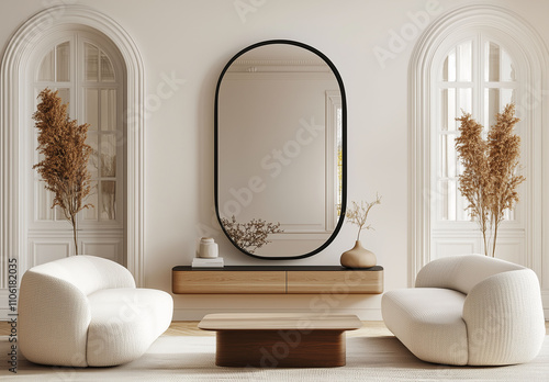 A modern Parisian Haussmann-style interior with soft, bright white walls, a large, wide black mirror in an elegant dark wood frame on the wall above a modern.