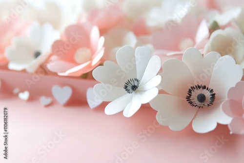 Beautiful arrangement of pastel flowers and hearts on a soft pink background ...