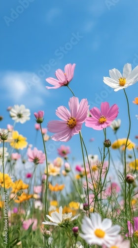 Colorful wildflowers bloom under a clear blue sky in a vibrant meadow during ...