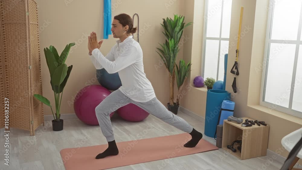 Young man with long hair doing yoga exercises indoors in a gym with fitness equipment like balls, plants, and home workout tools around. Young man with long hair doing yoga exercises indoors in a gym with fitness equipment like balls, plants, and home workout tools around.
