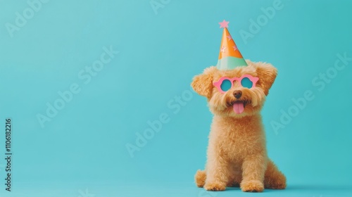 Cute dog wearing party hat and star shaped glasses celebrating a birthday or ...