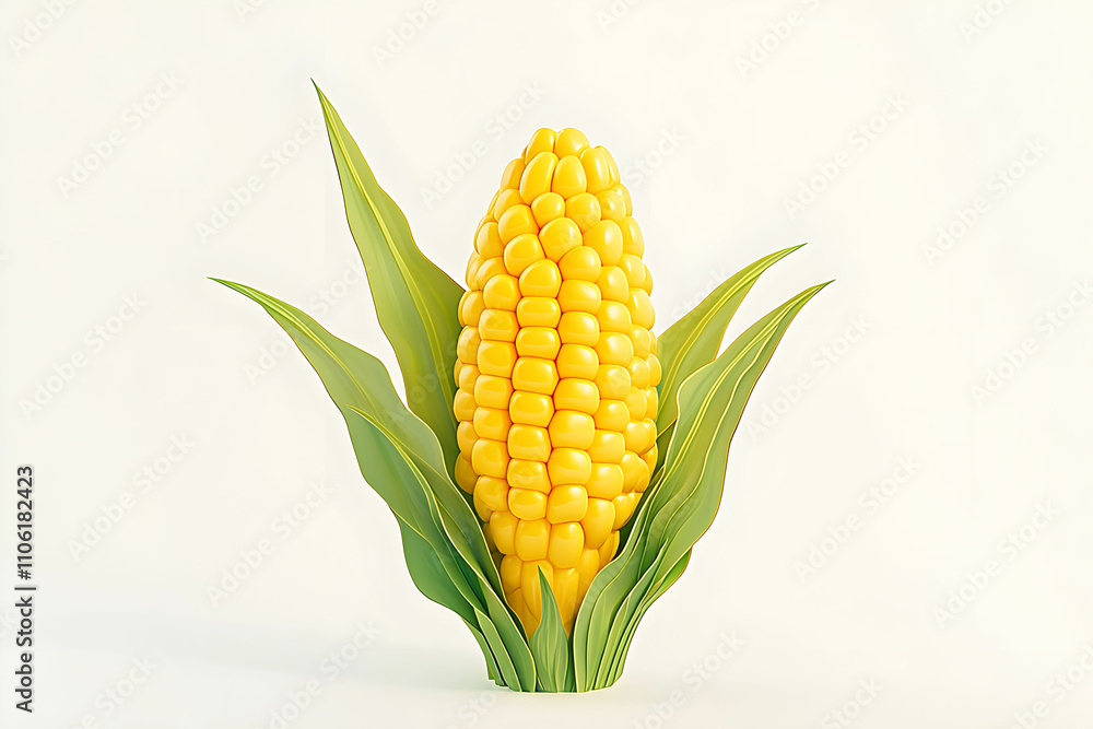 Obraz premium Vibrant Yellow Corn on Cob Surrounded by Fresh Green Leaves Against a Light Neutral Background, Perfect for Agricultural, Culinary or Food Related Themes