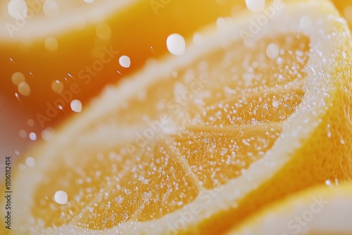 Fresh lemon slice with sparkling water droplets against a blurred background