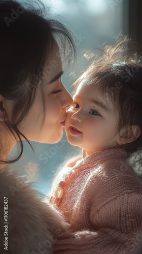 Mother and daughter share a tender moment in soft sunlight during a cozy indo...