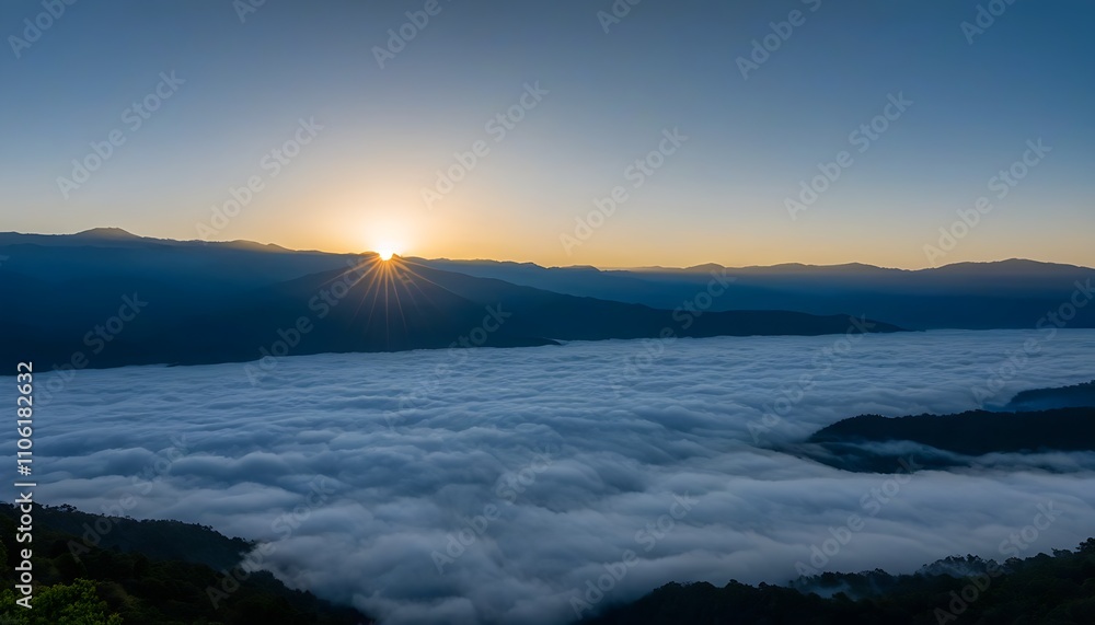 Obraz premium Mystic valley with clouds, distant mountains at dawn.