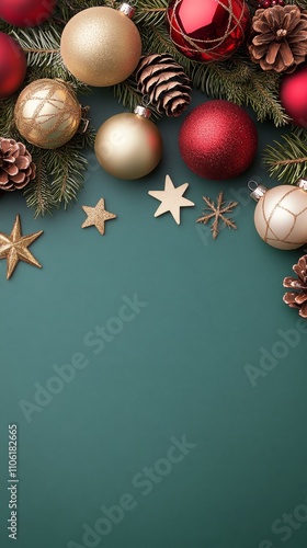 Holiday decorations with red and gold ornaments on a teal background for fest...