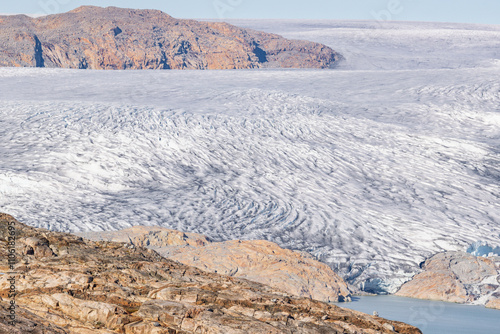 View of Qalerallit fjord and glacier in the south of Greenland photo