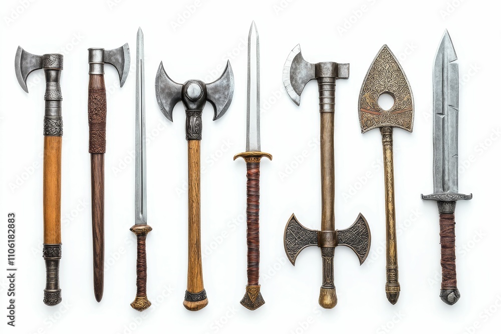Ornate axes, swords, and daggers displayed. Ornate axes, swords, and daggers displayed.