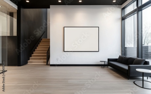 Modern interior design showcasing a minimalist living room and a sleek stairc...