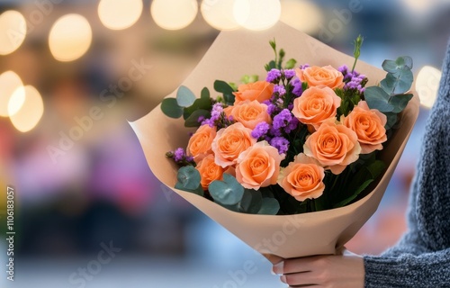 Beautiful bouquet of mixed roses and flowers in a vibrant market setting