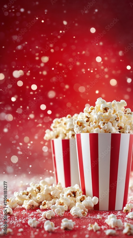 Popcorn stands out in striped containers against a vibrant red background with soft bokeh lights Popcorn stands out in striped containers against a vibrant red background with soft bokeh lights