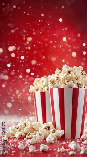 Popcorn stands out in striped containers against a vibrant red background wit...