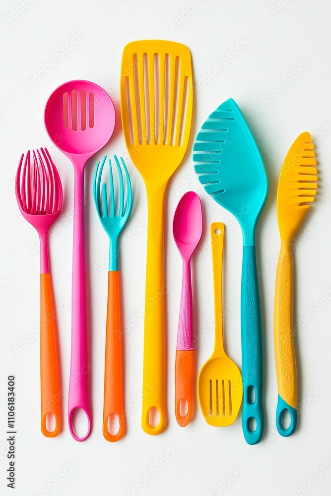 Colorful plastic kitchen utensils arranged neatly.