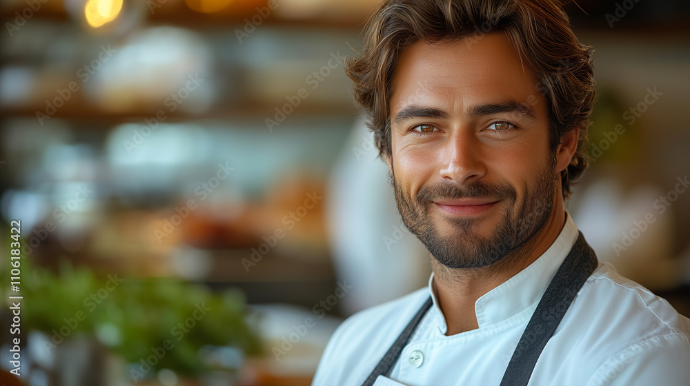 Obraz premium Professional chef smiles in a cozy kitchen during a busy cooking session at a restaurant. Generative AI