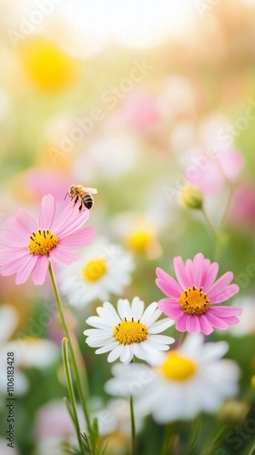 Colorful flowers attract bees in a serene garden during springtime in early m...