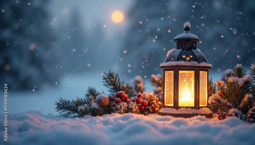 A charming lantern casts a warm, inviting glow amidst a snowy landscape, surrounded by evergreen branches and bright red berries. The soft snowfall and distant sun create a magical winter atmosphere A charming lantern casts a warm, inviting glow amidst a snowy landscape, surrounded by evergreen branches and bright red berries. The soft snowfall and distant sun create a magical winter atmosphere