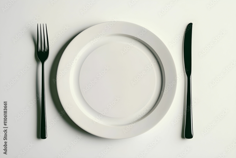 Minimalist Table Setting with Empty White Plate Surrounded by Black Fork and Knife on Clean, Neutral Background for Elegant Dining Experiences Minimalist Table Setting with Empty White Plate Surrounded by Black Fork and Knife on Clean, Neutral Background for Elegant Dining Experiences