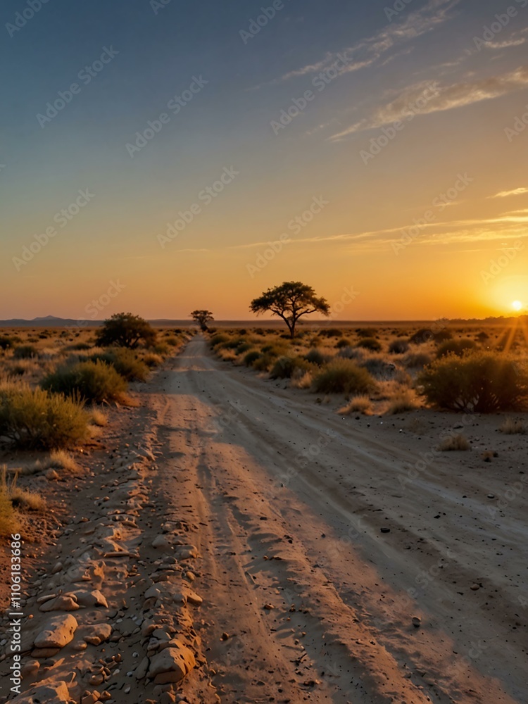 Gravel road in Botswana’s Kgalagadi Park at sunrise. Gravel road in Botswana’s Kgalagadi Park at sunrise.