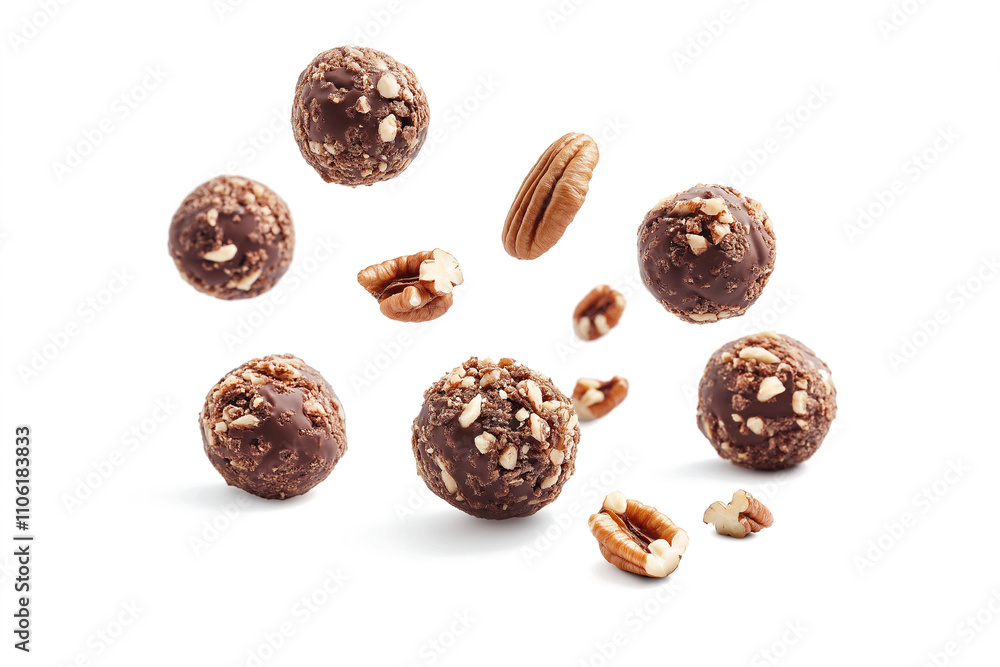 A Collection Of Pecan Balls With Chocolate And Pecan Nuts, Floating In The Air Against A White Background, Capturing A Free-Associative, Crispy Chocolate Texture, isolated A Collection Of Pecan Balls With Chocolate And Pecan Nuts, Floating In The Air Against A White Background, Capturing A Free-Associative, Crispy Chocolate Texture, isolated