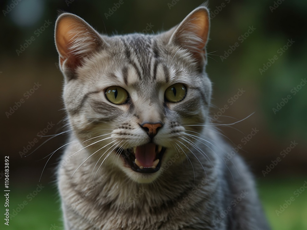 Gray cat meowing with its mouth wide open.