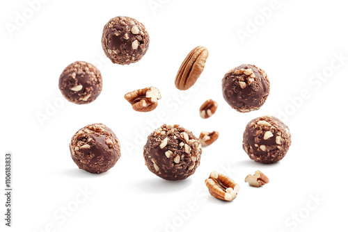 A Collection Of Pecan Balls With Chocolate And Pecan Nuts, Floating In The Air Against A White Background, Capturing A Free-Associative, Crispy Chocolate Texture, isolated